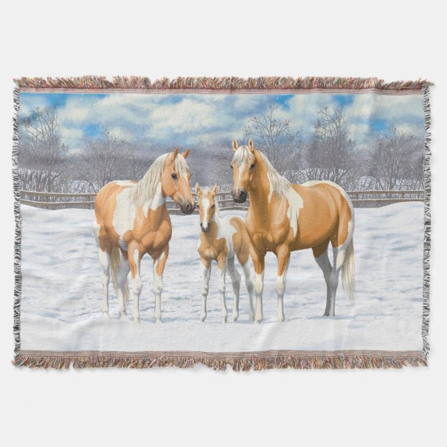 Palomino Pinto Paint Quarter Horses In Snow Throw Blanket (Front)