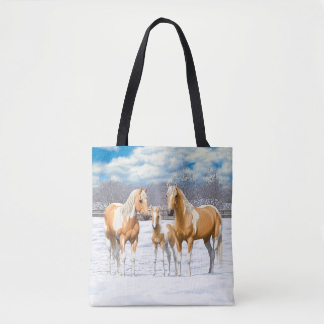 Palomino Pinto Paint Quarter Horses In Snow Tote Bag (Front)