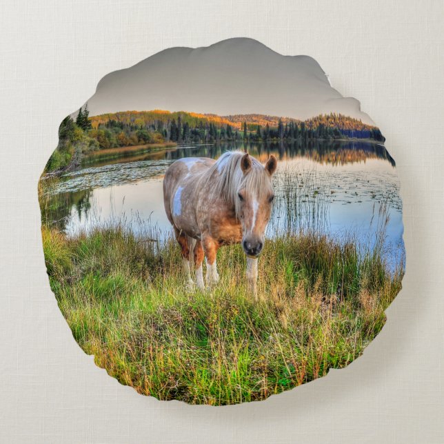 Palomino Pinto Paint Stallion by a Lake Round Pillow (Back)