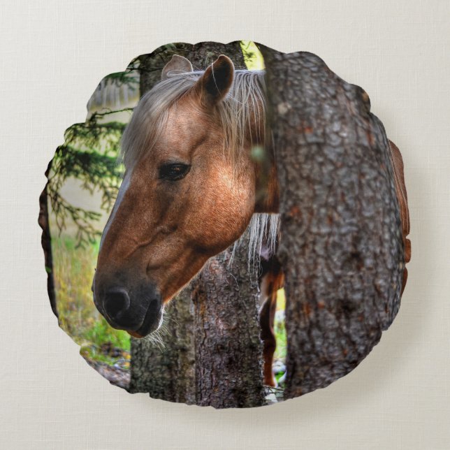 Palomino Pinto Paint Stallion in a Forest Round Pillow (Front)