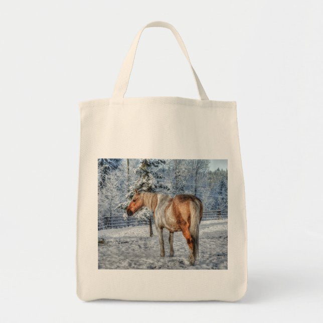 Palomino Pinto Stallion and Snow Winter-theme Tote Bag (Front)