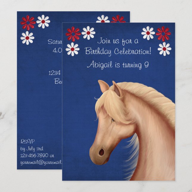Palomino Pony Red White Blue Horse Birthday Invite (Front/Back)