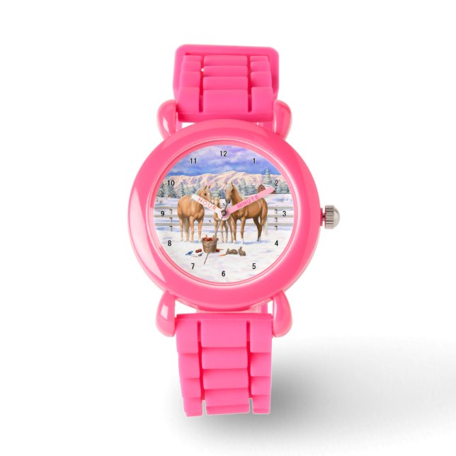 Palomino Quarter Horses In Snow Watch (Front)