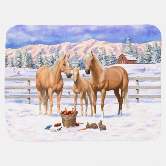 Palomino Quarter Horses In Winter Snow Baby Blanket (Horizontal)