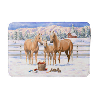 Palomino Quarter Horses In Winter Snow Bath Mat