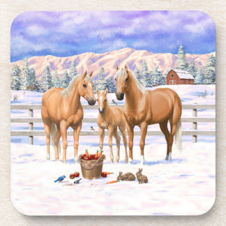 Palomino Quarter Horses In Winter Snow Beverage Coaster