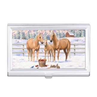 Palomino Quarter Horses In Winter Snow Business Card Case