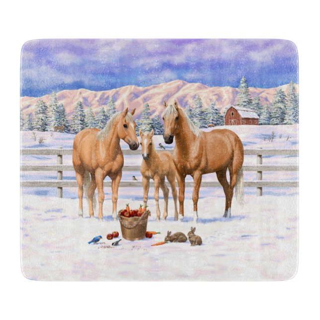 Palomino Quarter Horses In Winter Snow Cutting Board (Front)