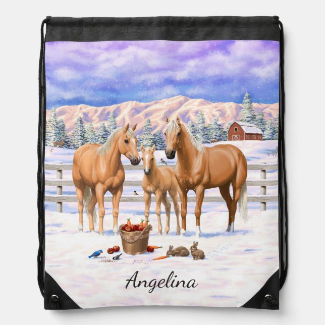 Palomino Quarter Horses In Winter Snow Drawstring Bag (Front)