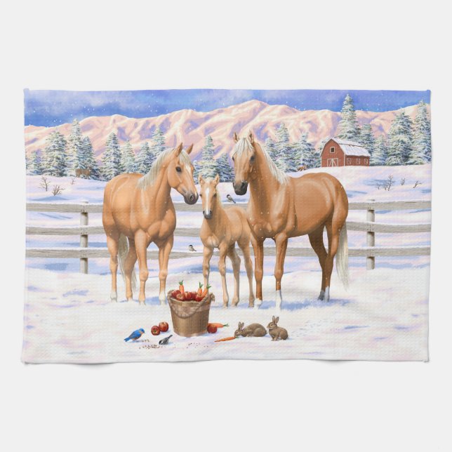 Palomino Quarter Horses In Winter Snow Kitchen Towel (Horizontal)