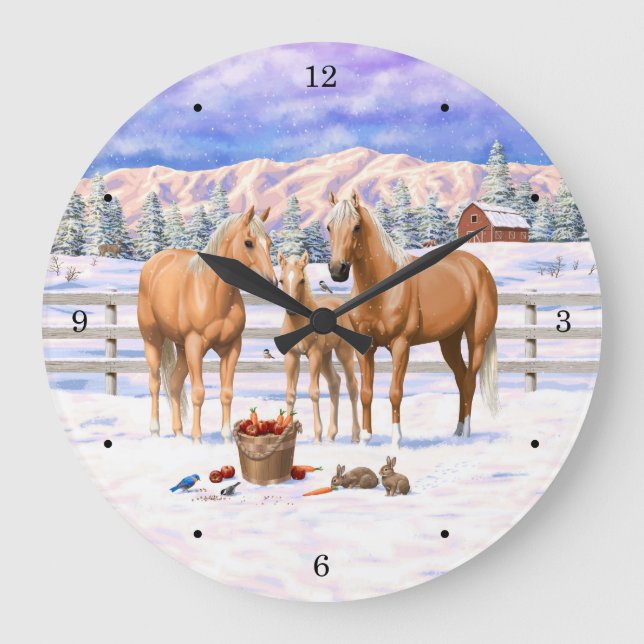 Palomino Quarter Horses In Winter Snow Large Clock (Front)