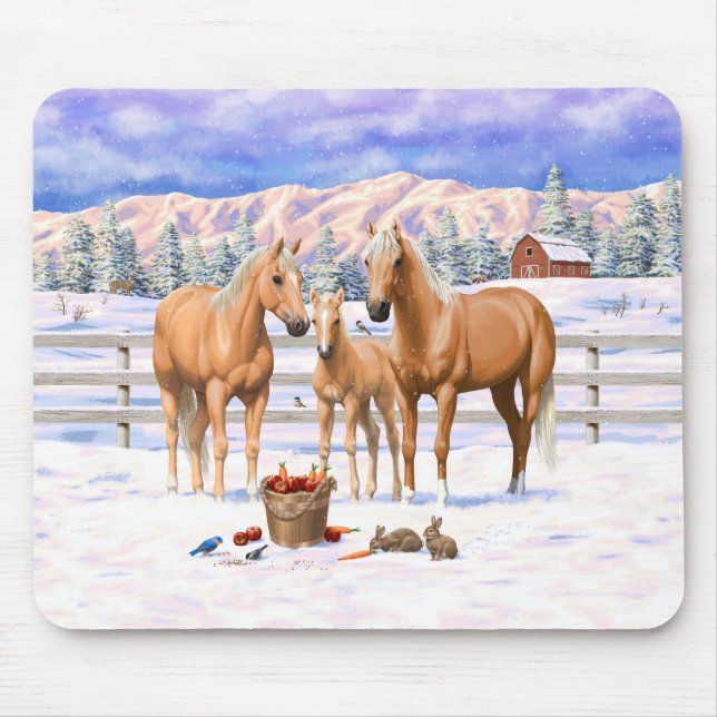 Palomino Quarter Horses In Winter Snow Mouse Pad (Front)