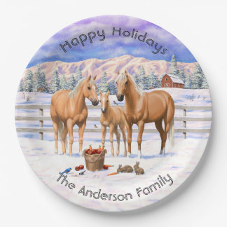 Palomino Quarter Horses In Winter Snow Paper Plates