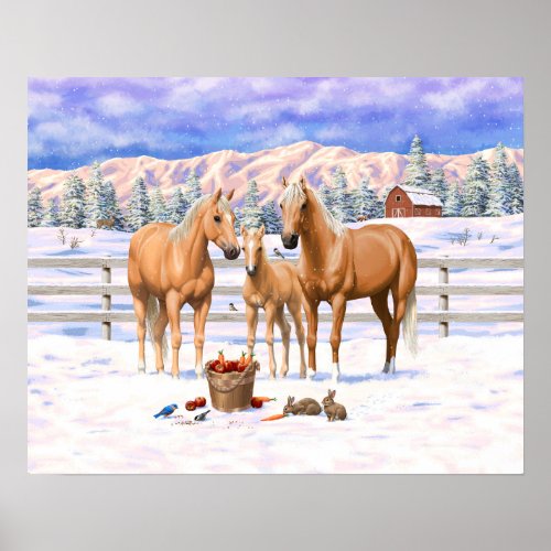 Palomino Quarter Horses In Winter Snow Poster