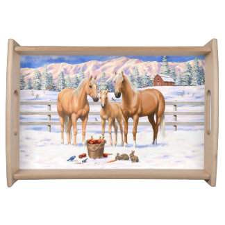 Palomino Quarter Horses In Winter Snow Serving Tray