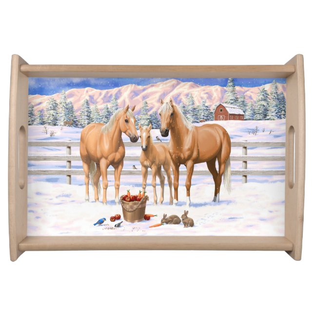 Palomino Quarter Horses In Winter Snow Serving Tray (Front)