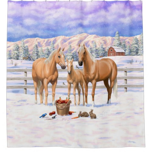 Palomino Quarter Horses In Winter Snow Shower Curtain