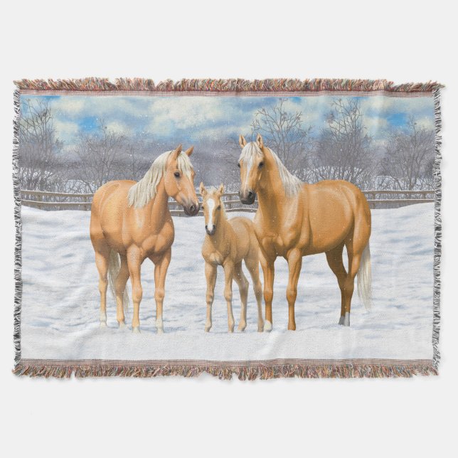 Palomino Quarter Horses In Winter Snow Throw Blanket (Front)