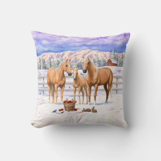 Palomino Quarter Horses In Winter Snow Throw Pillow