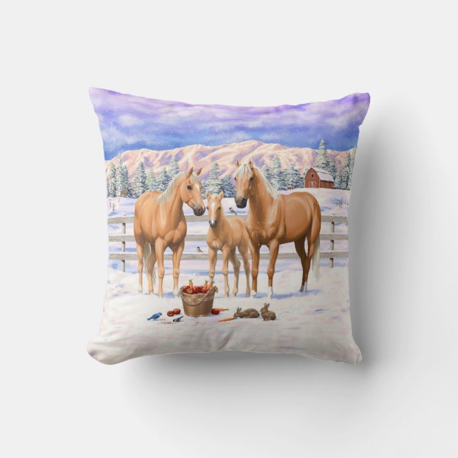 Palomino Quarter Horses In Winter Snow Throw Pillow (Front)