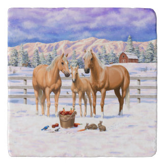 Palomino Quarter Horses In Winter Snow Trivet