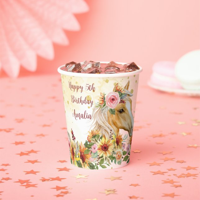 Palomino with sunflowers horse birthday party paper cups (Insitu)