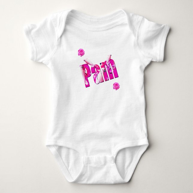 Pam, Name Logo With White Parrots, Baby Bodysuit (Front)