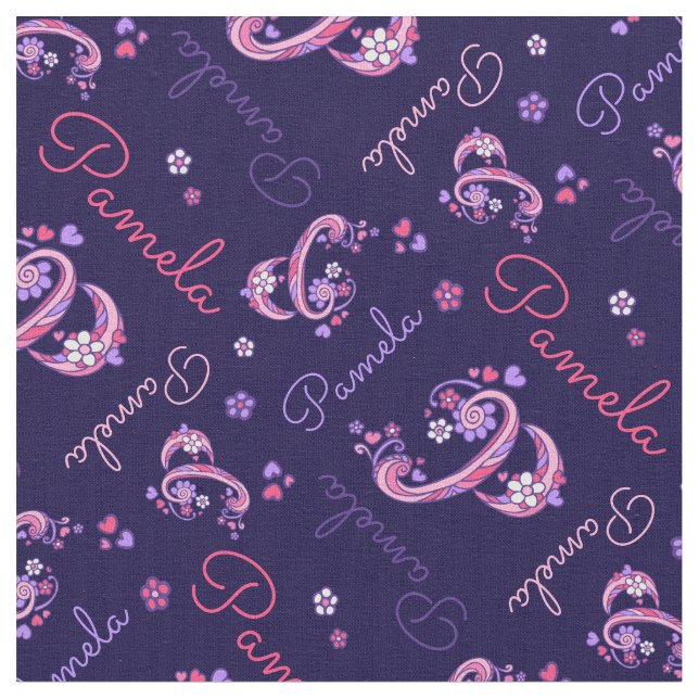 Pamela letter P monogram heart flowers fabric (Close Up)