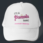 Pamela thing you wouldn't understand name trucker hat<br><div class="desc">It's a Pamela thing you wouldn't understand in mixed black and pink font lettering. It's a thing in black hand printed letters and Pamela in decorative font in bright pink and lined in black. Embellished with a golden crown.</div>