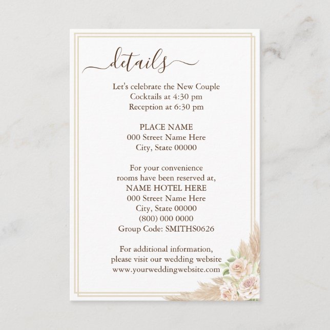 Pampa Grass Floral Wedding Details Card (Front)