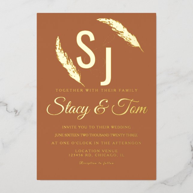 Pampas Ampersand Pressed  Foil Invitation (Front)