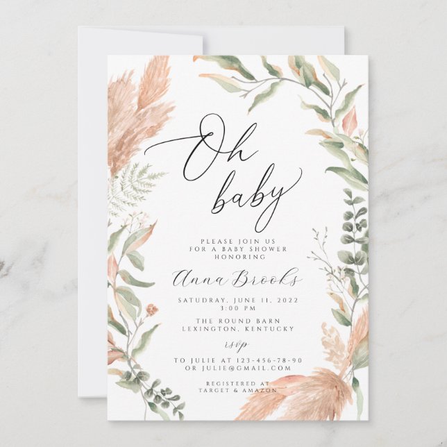 Pampas and greenery boho Oh Baby baby shower Invitation (Front)