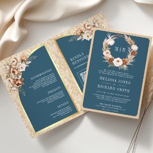 Pampas Beige Earthy Floral Dusty Blue Wedding Invitation