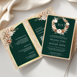 Pampas Beige Earthy Floral Emerald Green Wedding Invitation