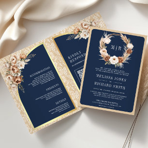 Pampas Beige Earthy Floral Navy Blue Wedding Invitation