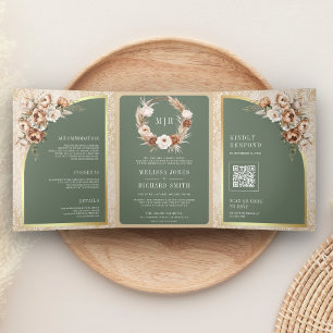 Pampas Beige Earthy Floral Sage Green Wedding Tri-Fold Invitation