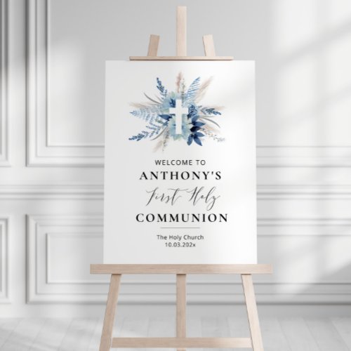 pampas blue floral first communion welcome sign