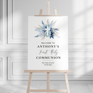 pampas blue floral first communion welcome sign