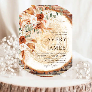 Pampas Boho Acrylic Wood Ring Wedding Invite  Acrylic Invitations