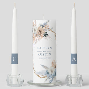 pampas Boho dusty blue floral wedding unity  Candle Set