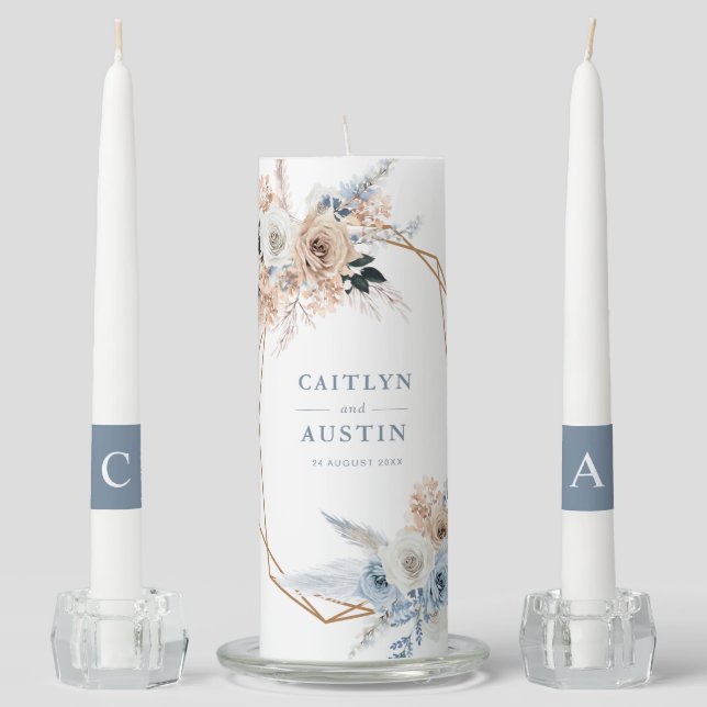 pampas Boho dusty blue floral wedding unity  Candle Set (Front)