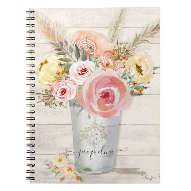 Pampas Boho Peony Floral Rustic Wood Watercolor Notebook (Front)