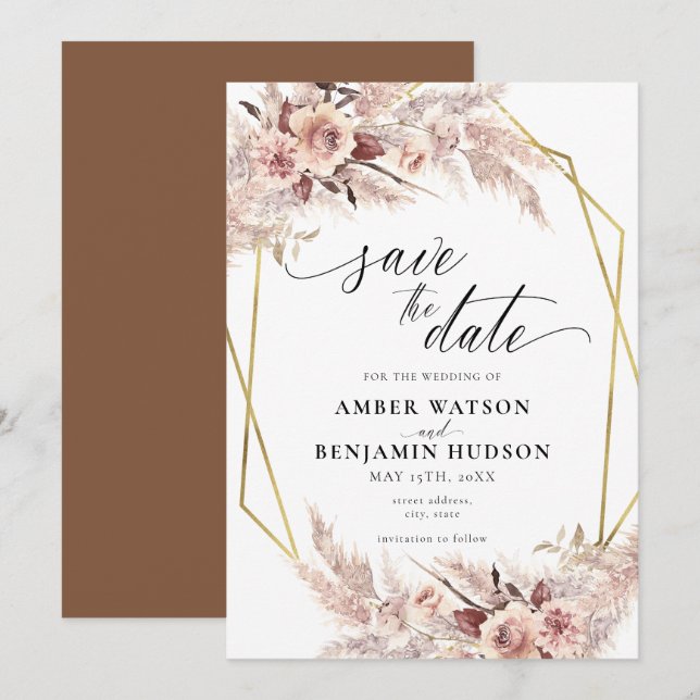 Pampas Boho Terracotta Gold Floral Save The Date Invitation (Front/Back)