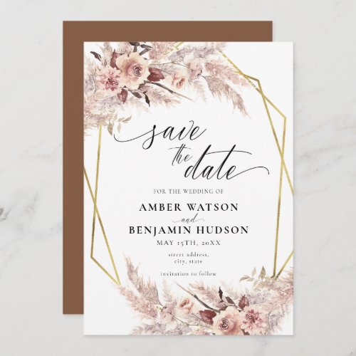Pampas Boho Terracotta Gold Floral Save The Date Invitation