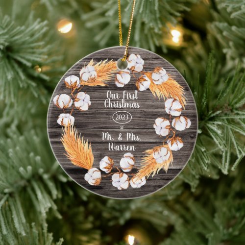 Pampas  Cotton  Our First Christmas Mr Mrs Photo Ceramic Ornament
