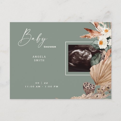 Pampas Covered Ultrasound Baby Shower Sage  Invitation Postcard
