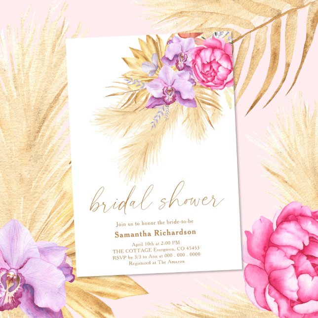 Pampas Dried Grass Boho Pink Bridal Shower Invitation (Creator Uploaded)