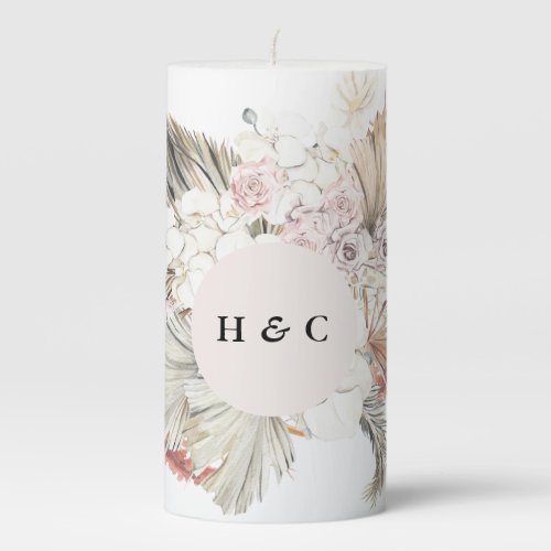 Pampas Dried Grass Tropical Jungle Floral Wedding Pillar Candle