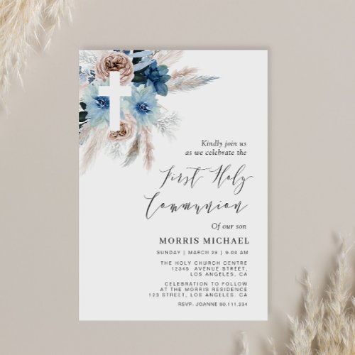 pampas dusty blue first holy communion invitation