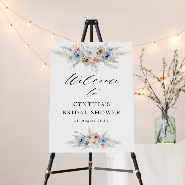 pampas dusty blue floral bridal shower sign (In Situ (Stand))